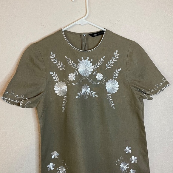 Zara 100% Linen Embroidered Dress Tan/White Women's Size S - Picture 4 of 11